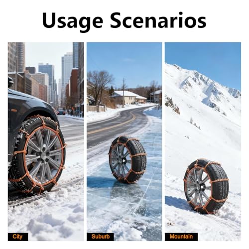 12 PCS Car Snow Tire Chains, Anti-skid Non-slip Traction Strap for Winter Ice & Mud, Adjustable Thickened Tire Zip Tie, Portable Emergency Accessory for Cars SUVs Trucks (Orange)