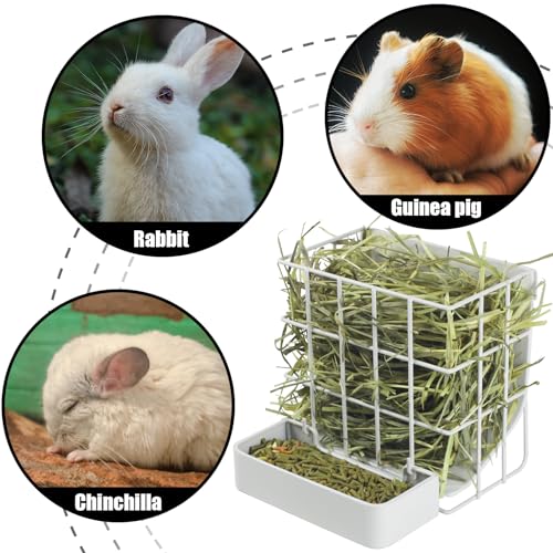 Rabbit Hay Feeder Guinea Pig Hay Feeder, Hay and Food Holder with Hook Heavy-Duty Metal Frame Hay Rack,for Bunny, Guinea Pigs,Chinchillas, Comes with Two Multifunctional Zippers-6.8x6.7x6.6inch - color: White, size: 1 piece Small