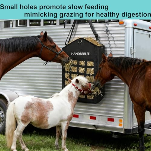 Hay Bags for Horses, 1PCS Slow Feed Hay Bags for Goats, Sheep, Donkey, Two-Sided Premium Oxford Hay Feed Bags and High Strength Metal Clasp, Easy to Hang with Adjustable Strap(Black, Large 1 Pack) - size: 1PCS
