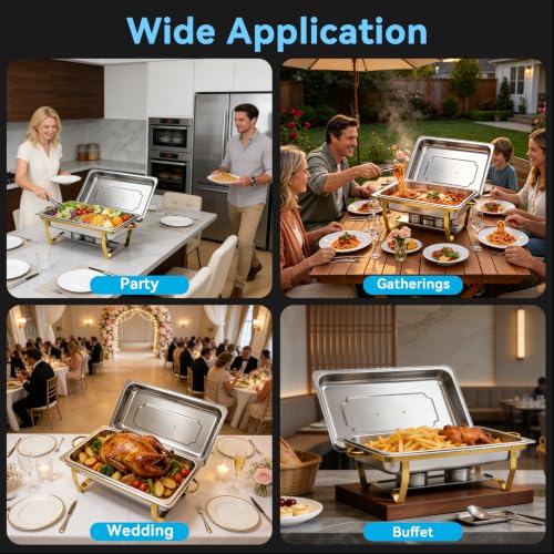 9QT Chafing Dishes for Buffet 4 Pack with 4 Full-Size Pans, Gold - color: Full Golden