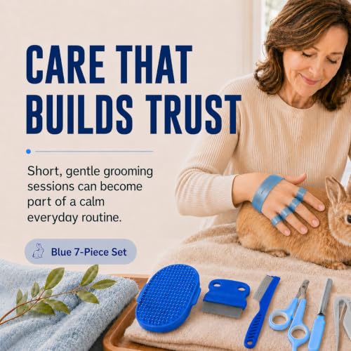 Rabbit Grooming Kit, 7-Piece Bunny Brush and Nail Care, Blue | 7 tools for loose fur, combing, light tangles and nail care; for rabbits, guinea pigs, hamsters and ferrets - color: Blue