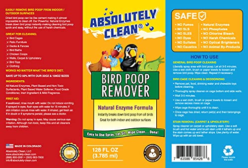 Absolutely Clean Amazing Bird Poop Remover - Just Spray/Wipe - Safely & Easily Removes Bird Messes - Use Indoor/Outdoor - Made in The USA 128 fl oz(Pack of 4) - size: 128 Fl Oz (Pack of 4)
