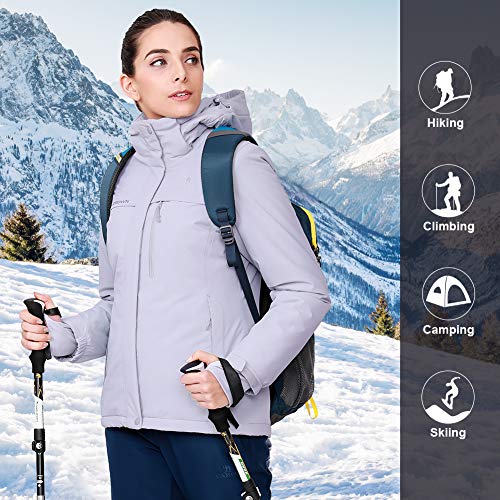 CAMEL CROWN Women’s Mountain Snow Waterproof Ski Jacket Detachable Hood Windproof Fleece Parka Rain Jackt Winter Coat - color: New Gray, size: Medium