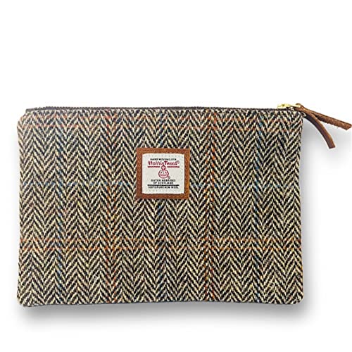 Harris Tweed Handmade Wool Zip Pouch with YKK Zipper Organizer Bag - color: Khaki, size: Large
