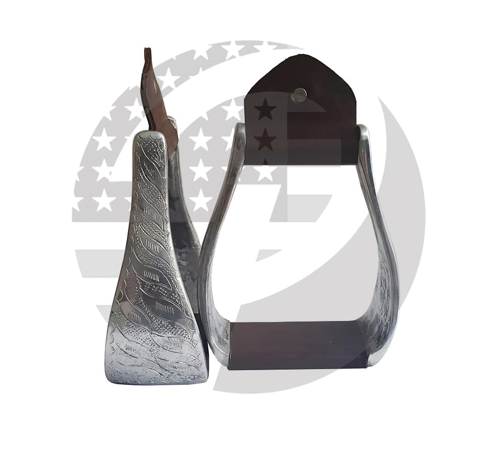 Aluminum Engraved 4.75" Adult Western Horse Bell Stirrups with Original Leather - color: BROWN LEATHER