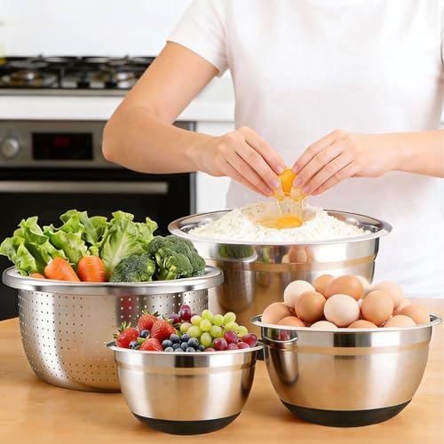 Stainless Steel Mixing Bowls Set with Lids & Silicone Base,7‑Piece Set - color: Black
