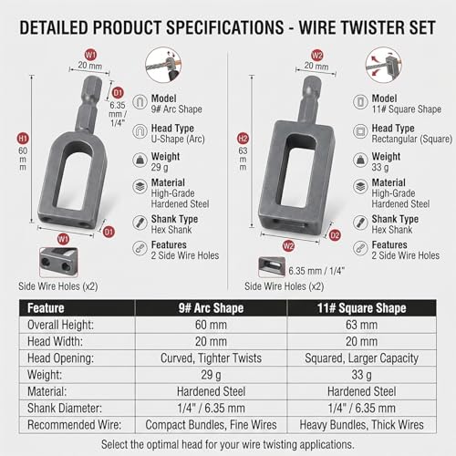 Wire Twister Tool for Drill, Wire Nut Twister Knotter 2pcs Fence Wire Steel Rebar Tying Tool with 6mm Hex Shank, Electric Drill Wire Twister for Fencing Rebar Tying Garage Door Spring Winding (#9+#11)