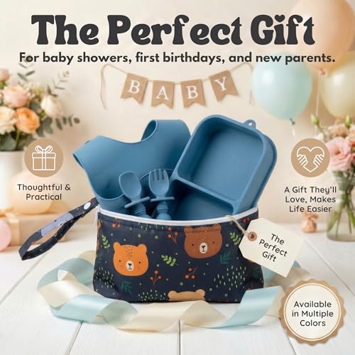 Baby Travel Feeding Set with Silicone Suction Plates, Dark Blue Small - color: Dark Blue