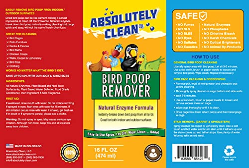 Absolutely Clean Amazing Bird Poop Remover - Just Spray/Wipe - Safely & Easily Removes Bird Messes - Use Indoor/Outdoor - Made in The USA - size: 16oz Spray Bottle 2pack - Save 20%