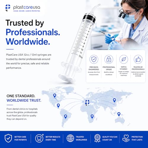 50 Curved Tip Irrigation Syringes (12cc / 12ml) - Disposable Oral Dispensing Utility Syringe (Box of 50) by PlastCare USA