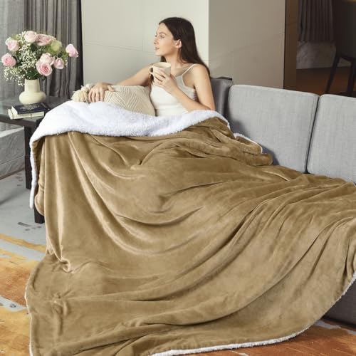 KAWAHOME Sherpa Fleece Queen Size Blanket for Bed, Extra Warm Heavy Thick - color: Camel, size: Queen ( 90" X 90" )