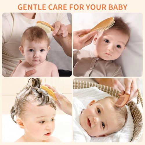 4 Pack Wooden Baby Hair Brush Set, Baby Brush and Comb Set with Soft Goat Bristle, Cradle Cap Brush for Newborns & Toddlers, Perfect Baby Registry Gift