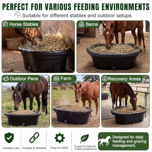 BreezeHug 30 Gallon Rubber Slow Hay Horse Feeder,Heavy Duty Hay Pan Net Set | Save Hay,Extra Large Feed Bucket with 8 Snaps, Horse Feeder with Drain Hole for Goat Farm Livestock Poultry,Reduce Waste
