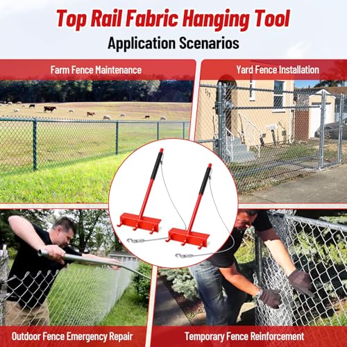 2PCS Fence Top Rail Stretcher Tool, Chain Link Top Rail Dressing Tool with 3 Hooks and 28in Cable, Thickened Carbon Steel, Strong Pull, Easy One-Person Use