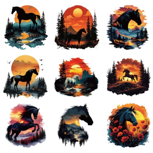 arricraft 9 Sheets Horse Sunset Scenery Iron on Decals Patches, Sunset Birds Forests Streams and Other Patterns Transfer Stickers PET Washable Patches for DIY Clothes Decor, 9.05 inch(23cm) Long - style: Horse Sunset Scenery Theme