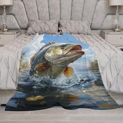 Bass Fish Fleece Throw Blanket for Couch Adults Teens 40" X 50" - color: Bass Fish, size: 40x50 inch
