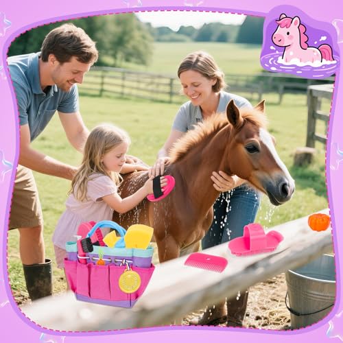 deAO Horse Grooming Brush Kit 12Pcs Horse Tack with Tote Bag,Care Tool,Pink - color: Pink
