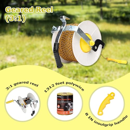 3:1 Geared Reel Prewound Polywire, Electric Fence Wire Reel with Reel Guide - size: 1640 feet x 1 standard reel x 1 Handle