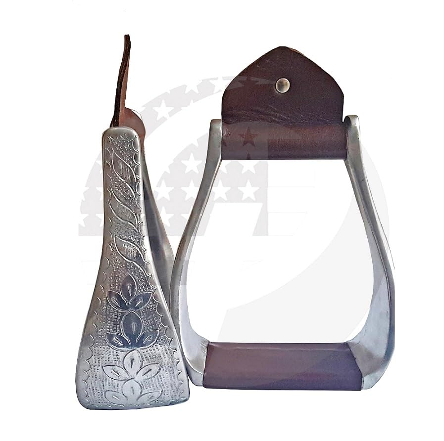 Aluminum Engraved 4.75" Western Horse Bell Stirrups with Original Leather - color: BROWN LEATHER