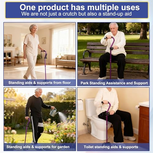 Stand Secure Cane with Stand Up Assist Handle for Elderly, 4 Prong Adjustable Walking Canes for Seniors Women and Men, Non-Slip Wide Base, Aluminum Foldable Stand Cane - color: Purple