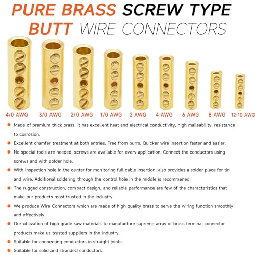 0000 Gauge Wire Butt Connectors 4 PCS Brass Mechanical Butt Splice Connectors Kit 4/0 AWG Mechanical Repair Splice Kit Splice Screw Sleeves 4 PCS Mechanical Splices & 3:1 Heat Shrink Tubes - size: 0000 (4/0) Gauge, style: Mechanical Splice - Bare Pure Bra