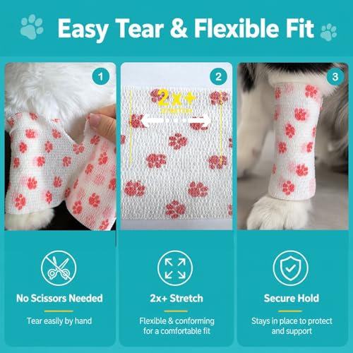 4 Inch Vet Wrap for Large Dogs, 18 Rolls Dog Leg & Paw Wound Care | Bandage Wrap, Minor Wounds, Hotspots, Broken Nails, Gauze Pads & Licking Protection