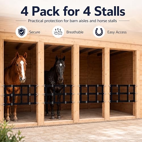 Zonon 4 Pack 48" x 20" Horse Stall Guard Gate for Horses, Heavy Duty Polyester Stall Door Guard with Adjustable Straps, Hooks and Screws, Black Stable Gate Barrier for Barns, Stables, Breeding Farms