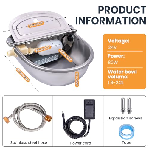 Heated Automatic Water Bowl for Dogs and Chicken, 24V Pet Thermal-Bowl with Float Valve Heated Automatic Waterer for Large Dogs Livestock Poultry