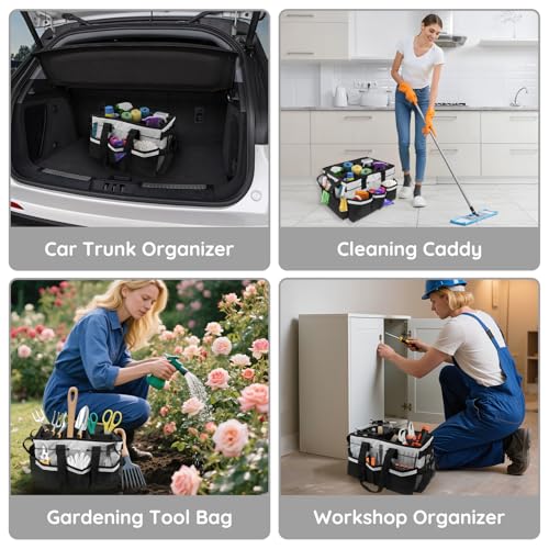 ZKOO Large Cleaning Caddy Bag with Handle, Built-in Sturdy Support Board, Adjustable Shoulder Strap, Multi-compartment Design Cleaning Supply Tote for Cleaners & Housekeepers (White) - color: White
