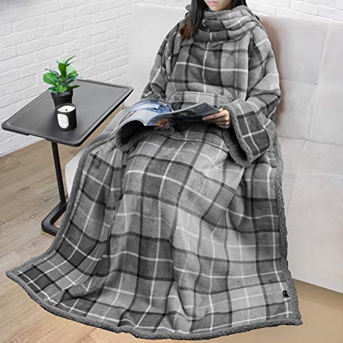 PAVILIA Sherpa Wearable Blanket with Sleeves and Pocket, Plush Thick Cozy Body Blanket Wrap for Adult Women Men, Christmas Gift for Wife Mom, Plaid Light Grey - color: Plaid Light Gray