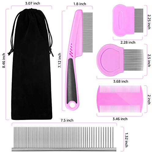 Flea Comb For Dogs & Cats Pet Comb Grooming Set 5 Pieces Metal Teeth Durable Remove Tear Stain Float Hair Combing tangled hair Dandruff Add Storage Pouch (pink) - color: Pink