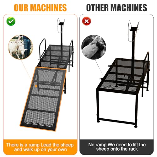 Goat Stand with Ramp for Sheep & Goats, Adjustable Height 20"-32", 47x23" Metal with Headpiece & Nose Loop for Hoof Trimming, Milking & Shearing