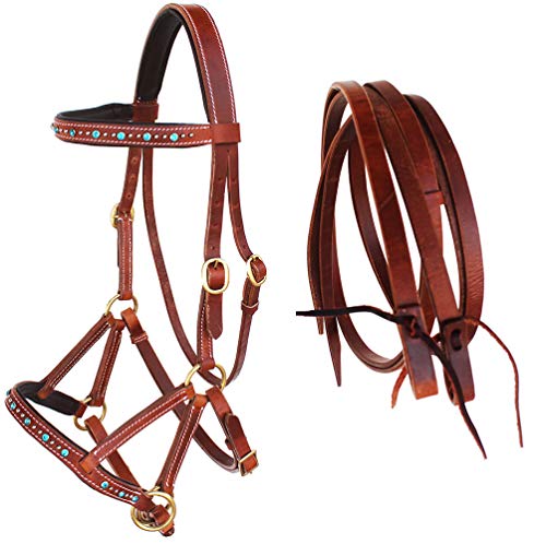 Horse Western Leather Beaded Bitless Sidepull Bridle Reins Rhinestone - color: Tan/Turquoise