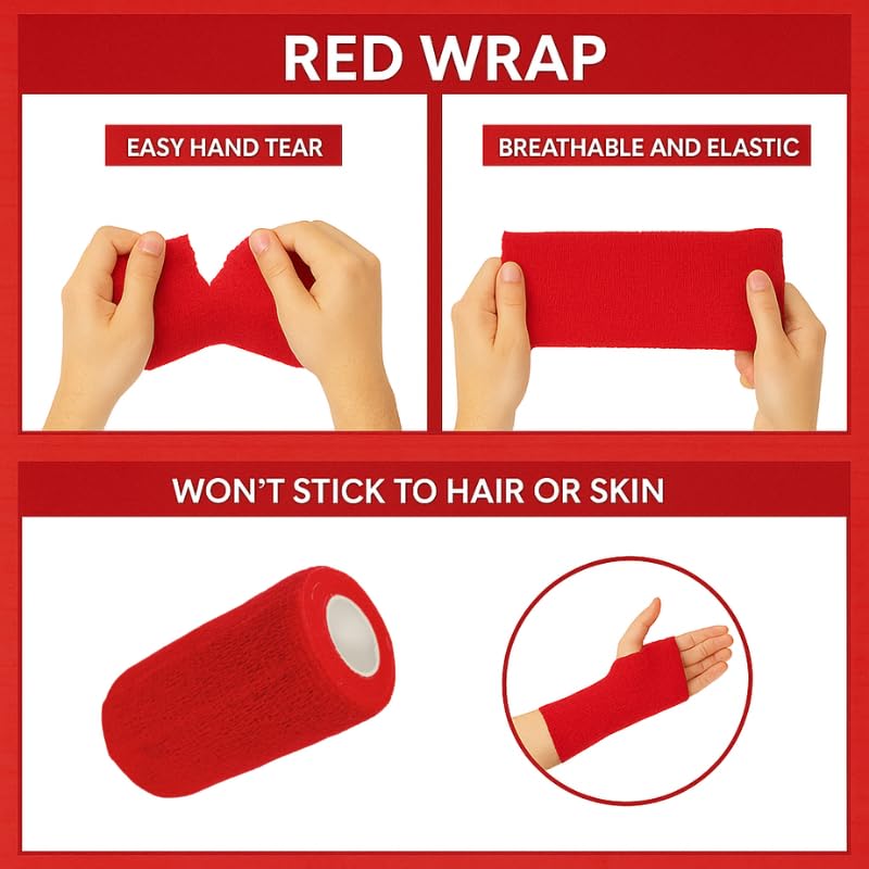 4" Cohesive Flexible Bandage Wrap – Red - Pack of 4 | Self-Adherent Vet Tape for Animal Wound Care, Wrapping, and Support – Non-Slip, Breathable, Flexible Bandage for Livestock - color: Red