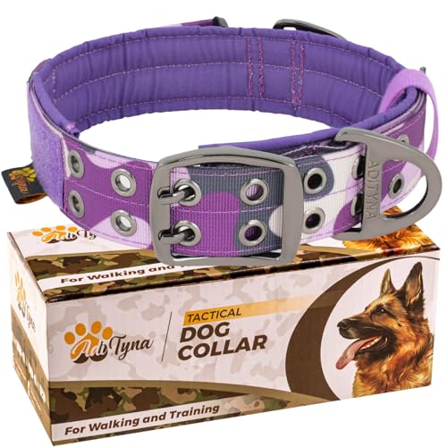 ADITYNA Heavy Duty Purple Dog Collar for Medium Dogs with Traffic Handle - color: Camo Purple, size: Medium: Fit 15-19" Neck