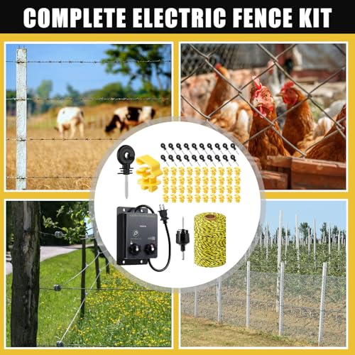 63 Pcs Electric Fence Kit Include 2-Mile Electric Fence 5000v 0.1joule 20 Insulator 1 Socket Tool 200m Polywire 40 T Post Insulators Socket for Predator (Plastic, Steel,200M)
