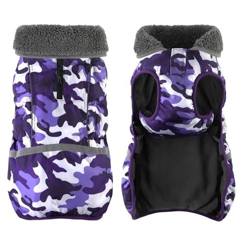 Dogcheer Warm Dog Coat, Waterproof Dog Jacket Christmas Puppy Winter Coat with Buckle, Reflective Adjustable Pet Snow Jacket Turtleneck Fleece Sweater for Small Medium Large Dogs - Camo Purple, S - color: Camo Purple, size: Small
