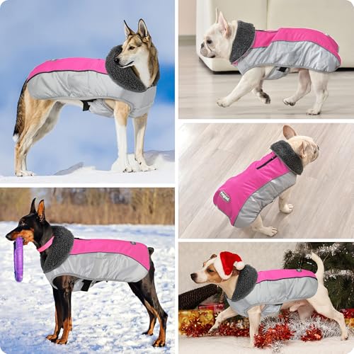 Petglad Dog Coat, Waterproof Ripstop Dog Winter Jacket with Leash Hole, Reflective Adjustable Warm Pet Fleece Snow Sweater for Small Medium Large Dogs - Pink, 3XL - color: Pink, size: 3XL