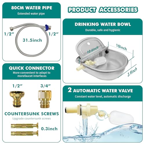 Automatic Water Dispenser for Dogs,304 Stainless Steel Float Valve Pet Bowl | Self-Filling, Wall Mounted, 2.5L Capacity, Drain Plug for Easy Clean, for Large Dogs Chickens Horses, Yard Farm Outdoor Use