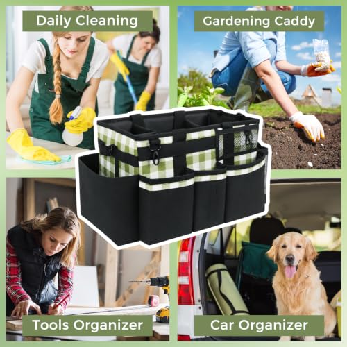 SCAVATA Wearable Cleaning Caddy, Cleaning Caddy Supplies Organizer with Handle & Shoulder Straps for Housekeepers, Under Sink & Car Cleaning Tool Organizers Bag with 4 Foldable Divider (GreenPlaid) - color: GreenPlaid