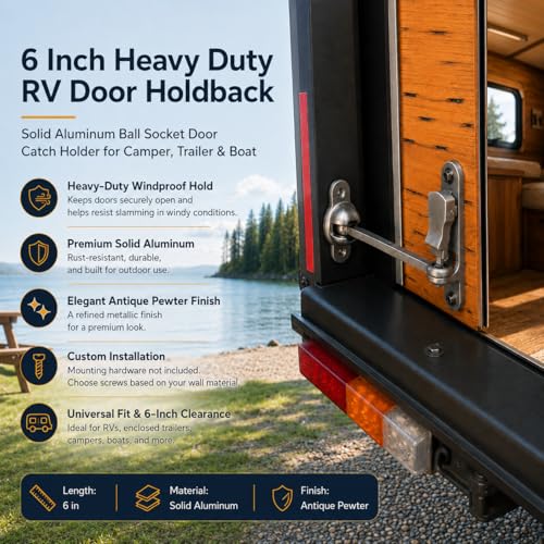 6 Inch Heavy Duty Aluminum RV Door Catch & Trailer Door Holder | Windproof rustproof ball socket replacement door latch firmly secures to keep open camper cargo trailer & shed doors