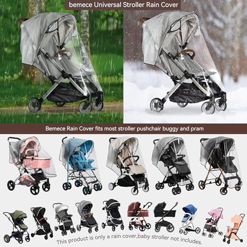 bemece Universal Stroller Rain Cover, Clear EVA Shield with Side Air Vents | bemece Stroller Rain Cover, Clear EVA Shield with Air Vents for Most Single Strollers, Wind, Snow & Dust Protection