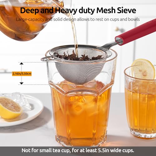 U-Taste Fine Mesh Strainer, 18/8 Stainless Steel Sieve 30 Mesh, S/Red | Tea Coffee Strainer with Silicone Handle, Mini Small Ultra Fine Sieve, Metal Colander for Loose Tea/Juice/Pulp/Matcha/Liquids - color: (4) Red, size: S-3.35in