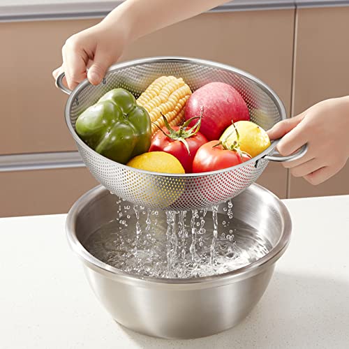 E-far Stainless Steel Colander Set of 3 (1-3-5Quart), Micro-Perforated Metal Colander Strainer with Handle for Kitchen/Draining Pasta/Rinsing Vegetables Fruits, Heavy Duty & Dishwasher Safe - size: 1 + 3 + 5 QT