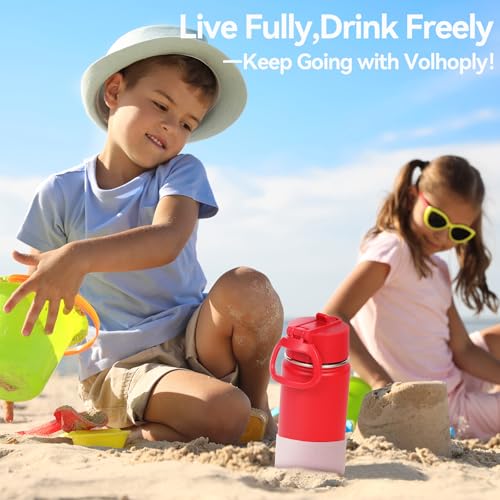 Volhoply 14oz KIds Stainless Steel Insulated Leakproof Water Bottle with Straw Lid and Silicone Boot,BPA-Free Easy Use for Boys&Girls,Double Wall Vacuum Bottles(Red,1) - color: Red