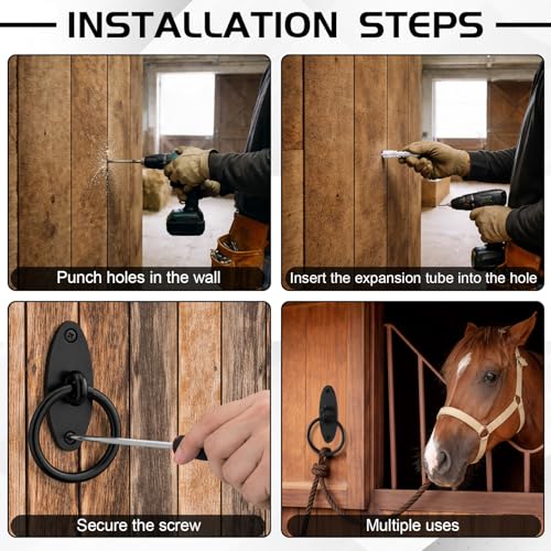 Fumete 4 Pcs Horse Tie Rings, Solid Steel Cross Tie Rings with Screws & Expansion Anchors, Wall Mount for Barn Stall Fence Concrete Trailer Grooming, Cross Tying & Tethering, Black (Oval)