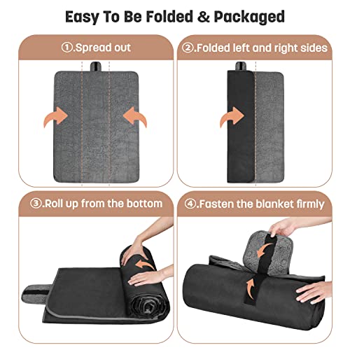 Tirrinia Waterproof Outdoor Blanket with Sherpa Lining, Windproof Foldable - color: Black/Grey, size: 51” x 59”