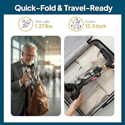 Walking Cane with LED Light, Foldable,Adjustable, Self Standing Walking Canes for Men & Women,Walking Sticks with Quad Base for Seniors & Adults - color: Black flowers