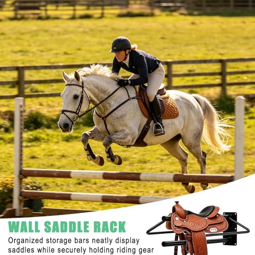 Youlina 4 Pack Wall Mounted Saddle Rack with Pad Bar, Heavy Duty Black Horse Saddle Stand for English & Western Saddles, Sturdy Storage for Saddle Pads & Blankets