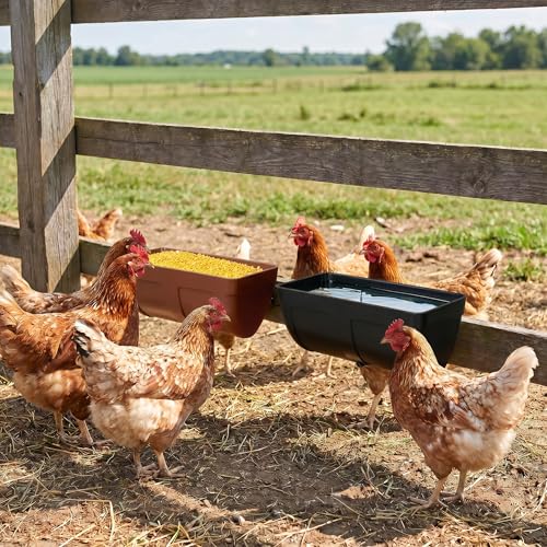 Hanging Chicken Feeder Waterer Heavy Duty BPA-Free Plastic Feed Trough, Fence Mount Livestock Feeding Bucket, Backyard Poultry Farm Supplies for Duck, Turkey, Goat, Sheep, 2 Pack, Brown - color: Brown
